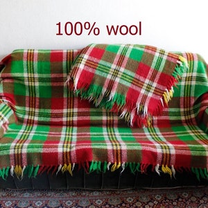 Set of 2 Natural Wool Tartan Blankets, Handwoven Coverlet, Green Red Bedspread, Sofa Throw, Eco Friendly Wool Bedding, Organic Wool Blanket