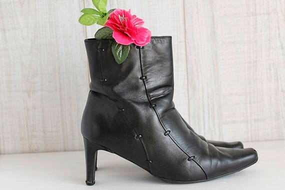 womens black leather heeled boots