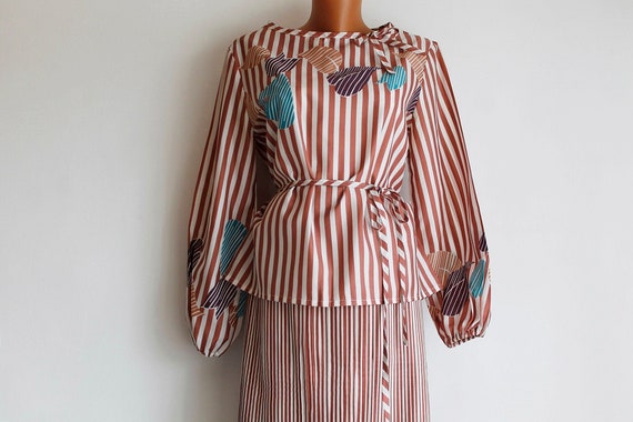 Summer Vintage Blouse Skirt Set 80's, Calf-Length