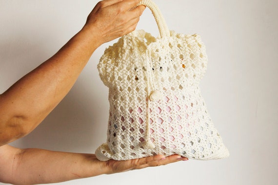 Cream Silk Crochet Women's Bag, Boho Chic Ecru Tot