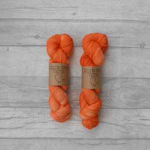 May include: Two skeins of orange yarn with a gradient from a darker orange to a lighter orange. The yarn is wrapped around brown labels with the text "Lizzie Bird Yarns" and a small bird illustration.