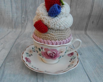 Crochet Cupcake and Cup - Crochet Yarn Sweet Cute Cupcake Cup Cake Wedding Favours Teacher Pastel Romance Gift Novelty Handmade Customise