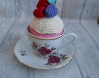 Crochet Cupcake and Cup - Crochet Yarn Sweet Cute Cupcake Cup Cake Wedding Favours Teacher Pastel Romance Gift Novelty Handmade Customise