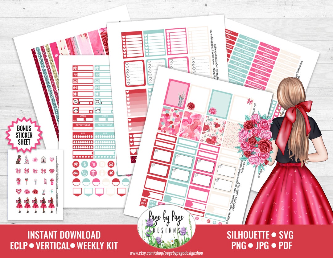 Valentine's Day Planner Weekly Sticker Kit Erin Condren Vertical LP ...