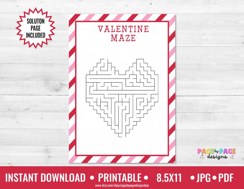 Puede incluir: Hoja de actividad de laberinto de San Valent&iacute;n imprimible con un laberinto en forma de coraz&oacute;n. La hoja mide 8,5 x 11 pulgadas e incluye una p&aacute;gina de soluci&oacute;n. El texto "VALENTINE MAZE" est&aacute; en la parte superior de la hoja.