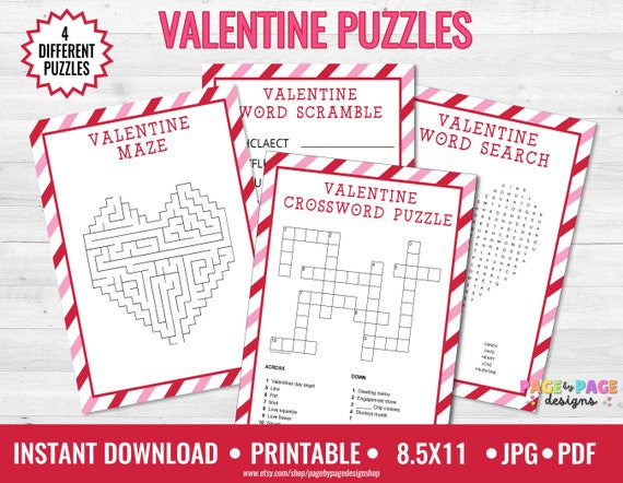 Valentine's Day Puzzles Crossword, Maze, Word Scramble, Wordsearch Games Printable INSTANT DOWNLOAD