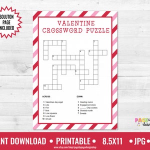 Puede incluir: Un crucigrama imprimible para el D&iacute;a de San Valent&iacute;n con un borde a rayas rojo y rosa. El crucigrama tiene 10 pistas horizontales y 7 pistas verticales. Las palabras "Valentine Crossword Puzzle" est&aacute;n impresas en negrita en la parte superior de la p&aacute;gina.