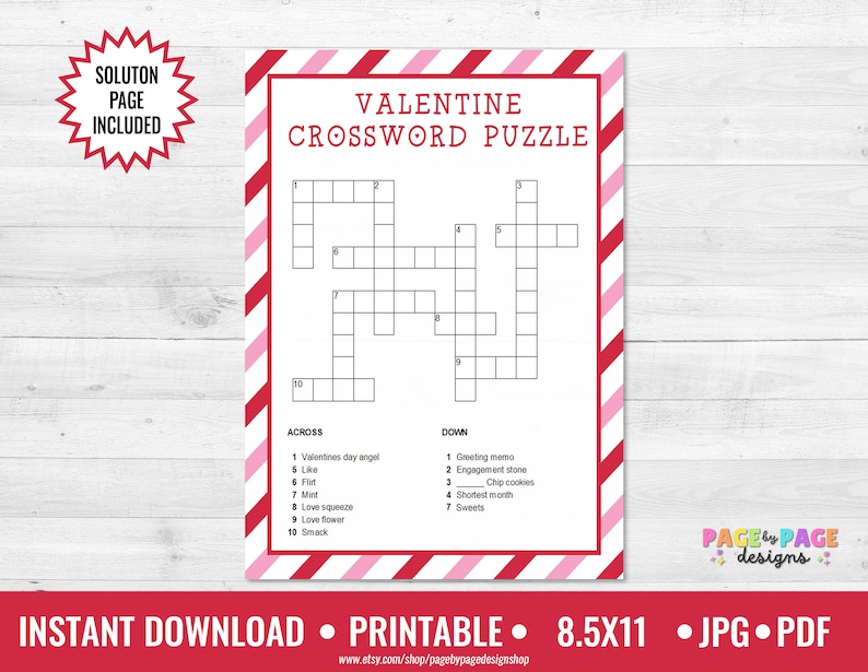 Puede incluir: Un crucigrama imprimible para el D&iacute;a de San Valent&iacute;n con un borde a rayas rojo y rosa. El crucigrama tiene 10 pistas horizontales y 7 pistas verticales. Las palabras "Valentine Crossword Puzzle" est&aacute;n impresas en negrita en la parte superior de la p&aacute;gina.