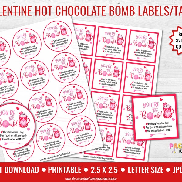 Étiquette cadeau imprimable Bombe au chocolat chaud Étiquette cadeau Saint-Valentin Bombe au chocolat chaud - TÉLÉCHARGEMENT IMMÉDIAT