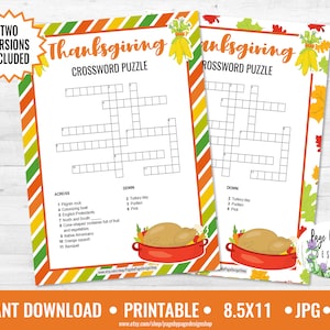 Thanksgiving Crossword Puzzle Game Printable INSTANT DOWNLOAD