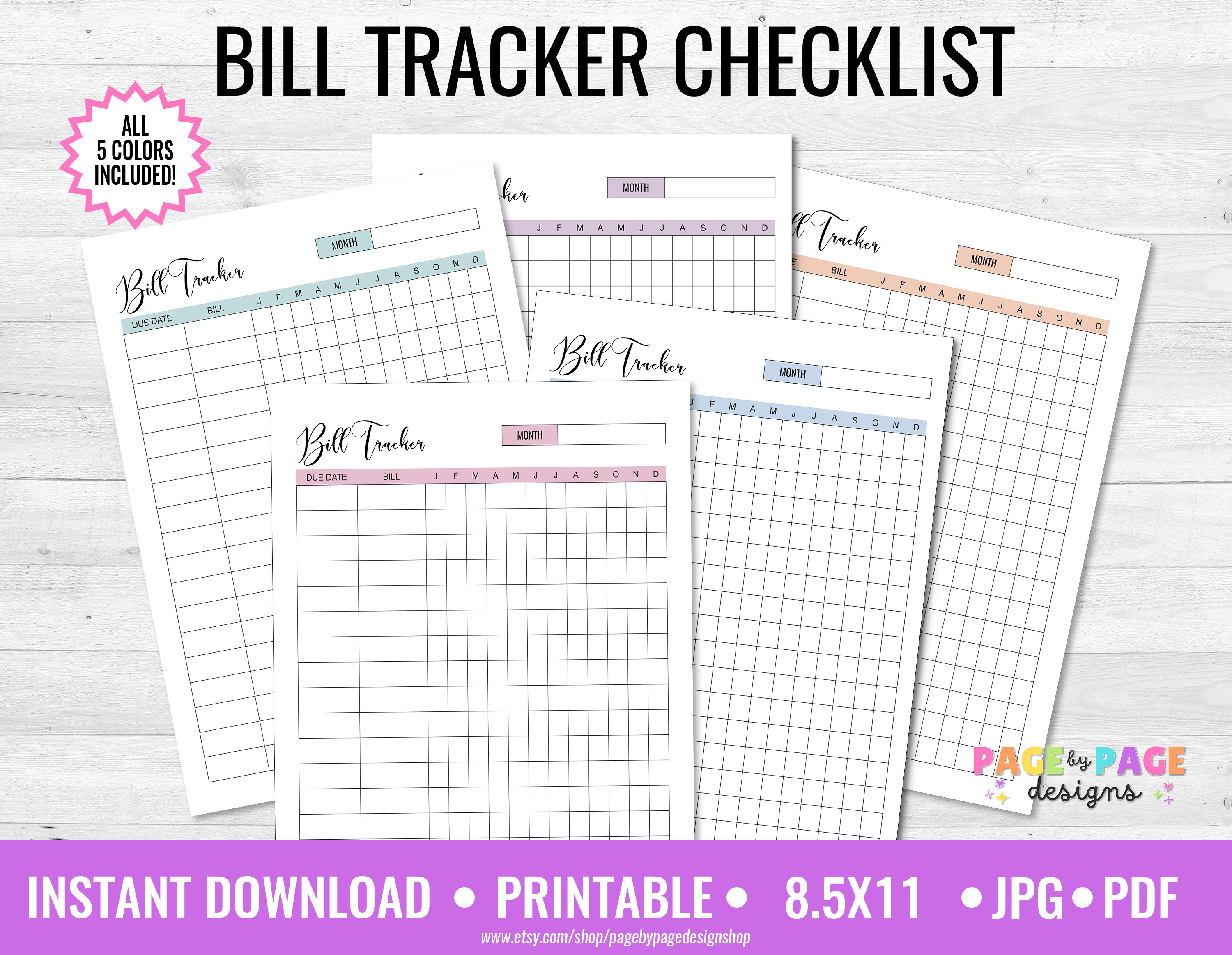 Bill Tracker Monthly Checklist Letter Size-8.5X11- Printable INSTANT DOWNLOAD