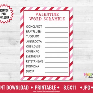 Puede incluir: Juego de palabras cruzadas imprimible para el D&iacute;a de San Valent&iacute;n con un fondo a rayas rojas y rosas. El juego incluye 10 palabras para descifrar, como "chocolate" y "amor".