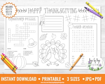 Thanksgiving Printable Placemat, Activity Placemat, Kids Thanksgiving Activities, Thanksgiving Coloring Page Printable INSTANT DOWNLOAD