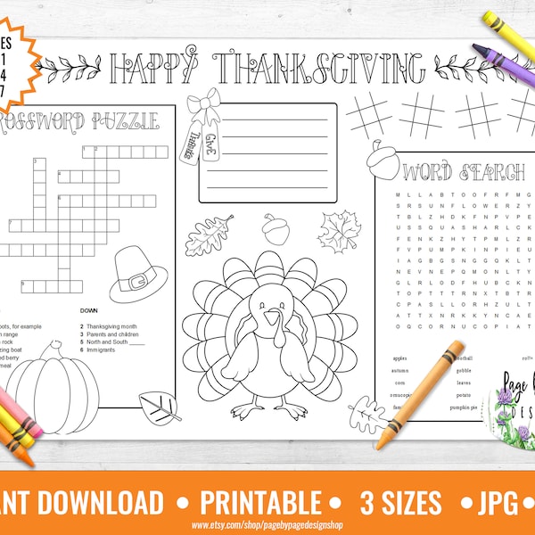 Thanksgiving Printable Placemat, Activity Placemat, Kids Thanksgiving Activities, Thanksgiving Coloring Page Printable INSTANT DOWNLOAD