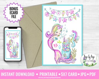 Mermaid Birthday Card 5x7-Bonus ECARD-INSTANT DOWNLOAD-BD003