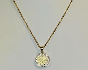 Enamel St. Benedict medal on gold stainless steel chain