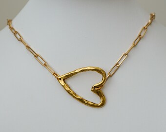 Gold pewter, hammered heart link on paperclip chain.