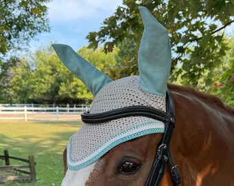Gray and light blue horse bonnet