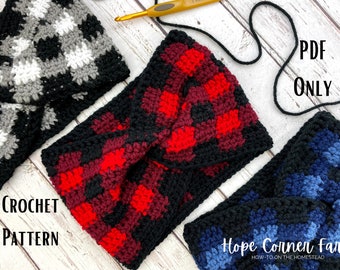 Crochet PATTERN, Buffalo Plaid Twist Headband Pattern , Crochet Earwarmer Pattern, Infant, Toddler, Child, Teen, Adult, Instant PDF Download
