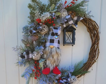 Gnome Christmas Wreath, Buffalo Check Christmas Decor, Country Christmas Decorations, Evergreen Farmhouse Wreath