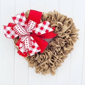 Red Heart Wreath for Front Door, Valentine's Day Decor, Burlap Wreath, Sweetheart Gift, Farmhouse Decor, Country Polka Dot Decor