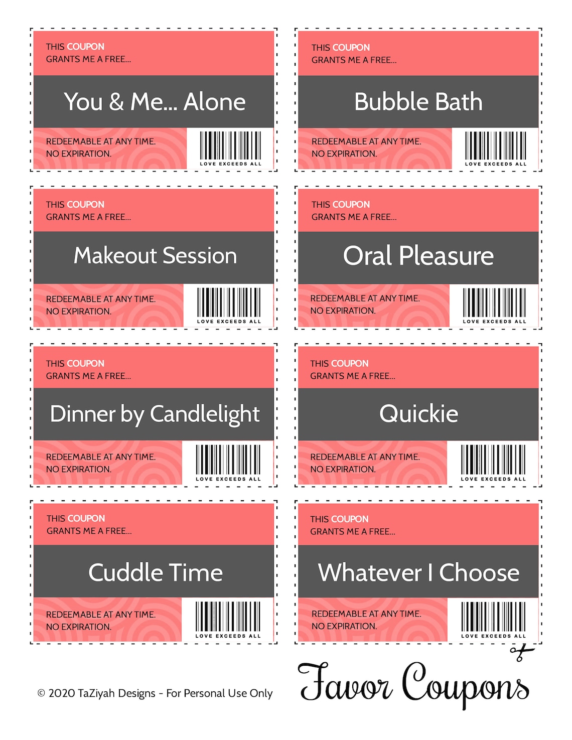 Downloadable Love Coupons Favor Coupons Intimate Coupons Etsy