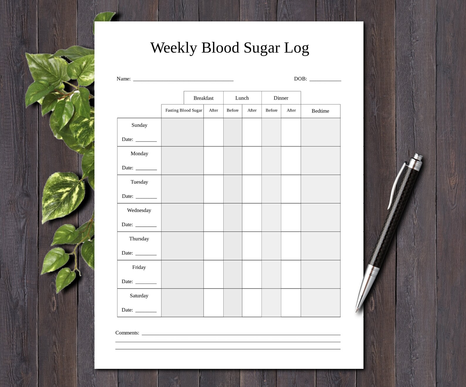 Weekly Blood Sugar Log Medical Forms Glucose Log - Etsy