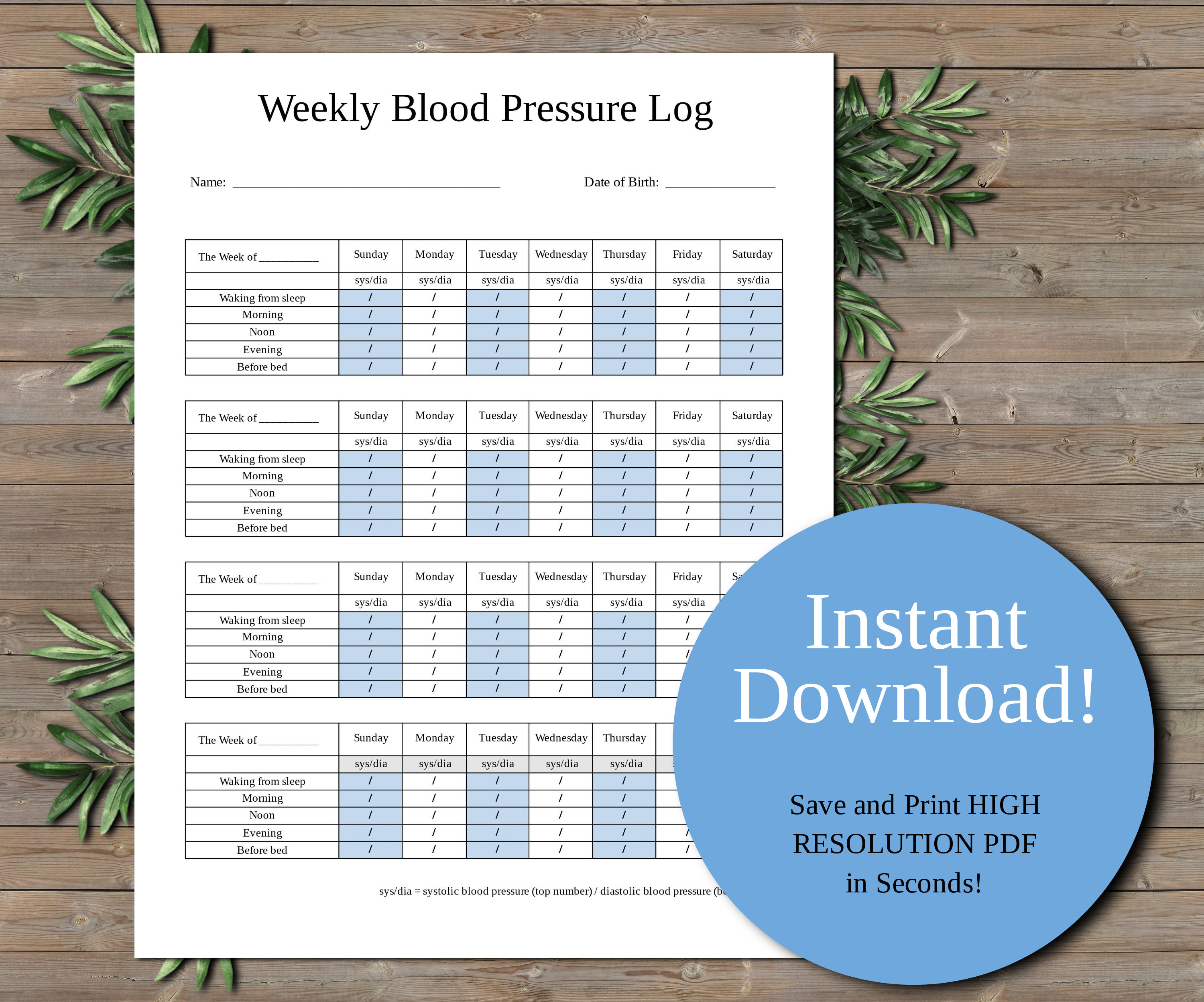 Instant Download Weekly Blood Pressure Log Medical Forms - Etsy