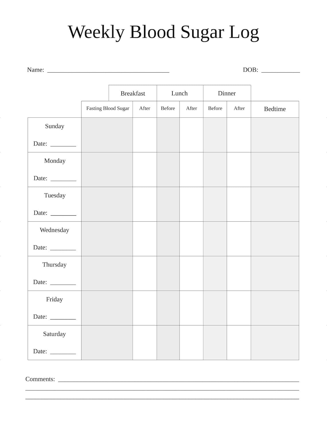 Printable Weekly Blood Sugar Log