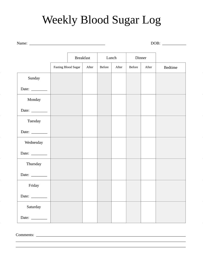 Weekly Blood Sugar Log Medical Forms Glucose Log Etsy