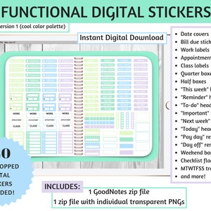Digital Functional Stickers - Pastel Colors Blue Green Purple - GoodNotes  and Individual PNGs