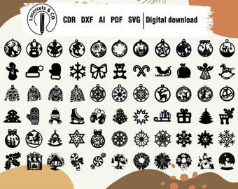 60 Cnc Christmas Tree Ornaments, Bundle Vector cdr dxf svg for laser cut, Plasma Glowforge Cricut Silhouette digital files