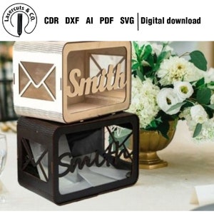 DXF, SVG files for laser Personalized Wedding card box, money box, Glowforge, Engagement Card Box, Wedding Decor CDR, Ai, Pdf