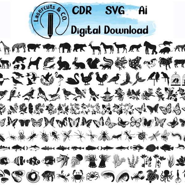 150+ Animals, Birds, Butterflies, Fishes, Bugs Cliipart Bundle SVG For Cut file, svg, cdr, ai, cricut Silhouette, Lasercut, vector, Template