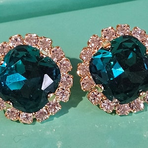Teal Blue Crystal Cushion Cut Stud Earrings with Halo (drop version also available)