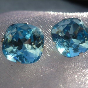 Aquamarine Blue Cushion Cut Stud Earrings - made with Swarovski Crystals