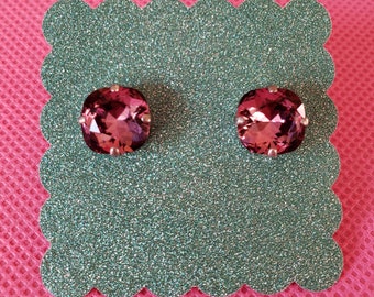 Swarovski Crystal Antique Pink Cushion Cut Stud Earrings