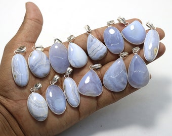 Mix Shapes /& Size Blue Slice Agate Pendants Natural Blue Slice Agate Gemstone Pendants 25 PCs ! Blue Slice Agate Silver Plated Pendant