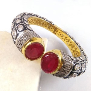 Red Garnet Bracelet, Beautiful Cuff Bangle Bracelet, Gold Plated Bollywood Jewelry, Red Garnet, CZ Gemstone Cuff Bangle Bracelet
