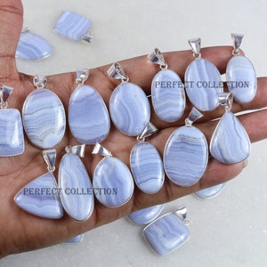 Natural Blue Lace Agate Gemstone 925 Sterling Silver Bezel Pendants, Blue Lace Agate 925 Solid Silver Mix Shapes & Size Pendants Jewelry