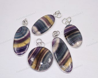 Natural Fluorite 925 Sterling Silver Bezel Pendant