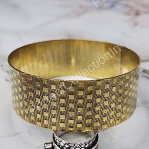 Gold Plated Brass Cuff Bracelet: Geometric Square Pattern, Adjustable Bangle