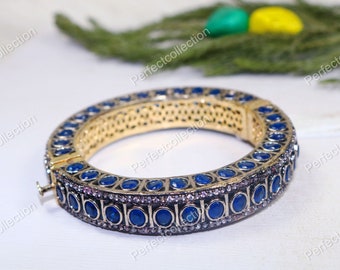 Blue Sapphire Indian Traditional Jewellery Bracelet, Beautiful Cuff Bangle Bracelet, Gold Plated Jewellery CZ Gemstone Cuff Bangle Bracelet