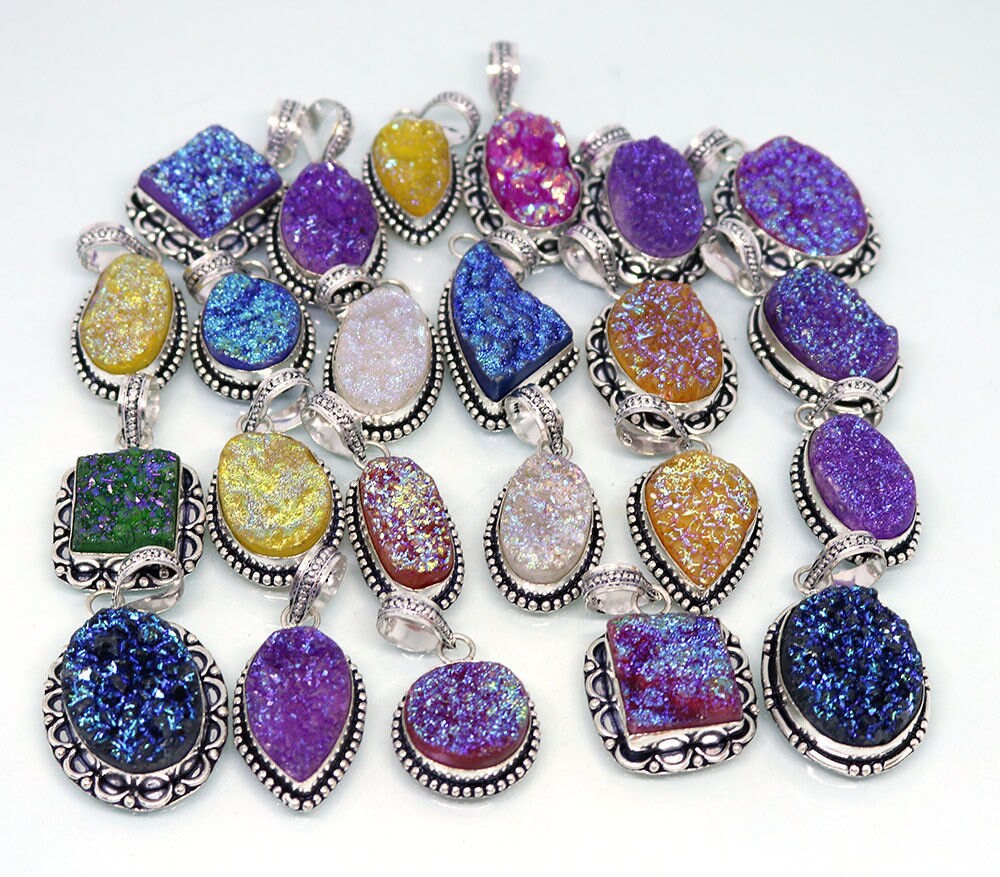 Natural Multi Color Sugar Druzy Silver Electroplated Pendant Gemstone Jewelry