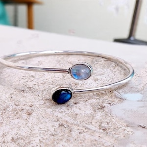 Labradorite Moonstone Bangle: Adjustable Silver Plated Bracelet