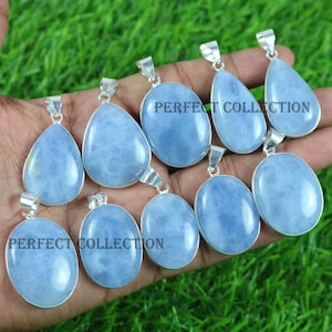 Natural Blue Calcite Silver Plated Pendant: Bezel Gemstone (1-2 inch)