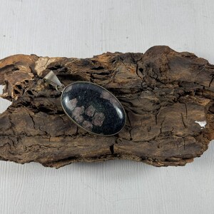 Könnte beinhalten: Ovaler Anhänger mit einem dunklen, gesprenkelten Stein, der in einem silberfarbenen Metall gefasst ist. Der Stein hat eine schwarze Basis mit kastanienbraunen und grünen Flecken. Der Anhänger wird auf einem Stück dunkelbraunem Holz präsentiert.