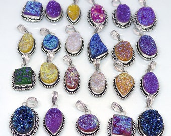 Natural Multi Coated Druzy Pendants, Natural Sugar Druzy Pendants Lot, Silver Plated Gemstone Pendants, Mix Shapes & Size Pendants Jewelry