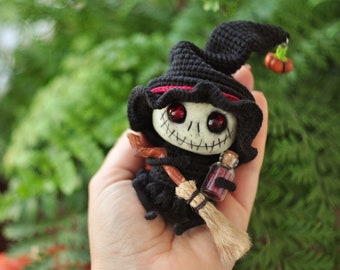 Little creepy witch figurine, Сar pendant toy Scary toy skeleton, Goth doll, Voodoo doll, Gothic gift for her