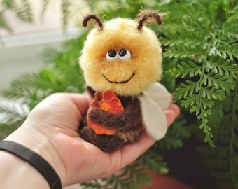 Tiny bumblebee with honeycombs is a cute gift for bee lovers and unusual home decor with funny fluffy insects